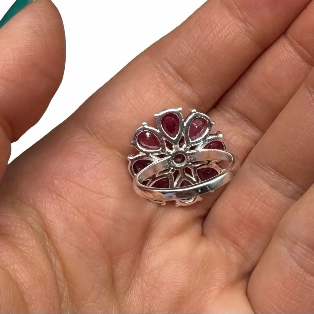 Ruby Flower Ring Size 6 Solid 925 Sterling Silver Daisy Multi Stone Statement